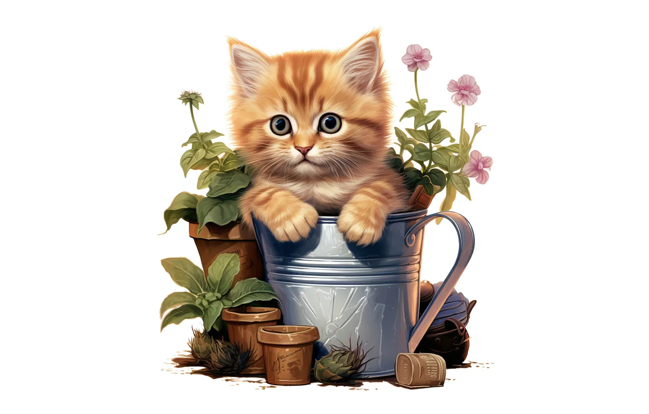 Photo wallpaper cat, summer, look, flowers, white background, pot, lake, red