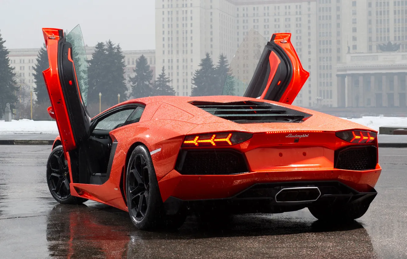 Photo wallpaper building, orange, door, ate, rear view, Lamborghini, lamborghini lp700-4 aventador, aventador лп700-4