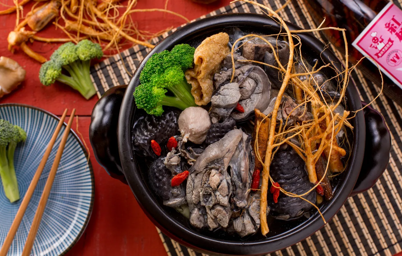 Photo wallpaper roots, sticks, seafood, broccoli