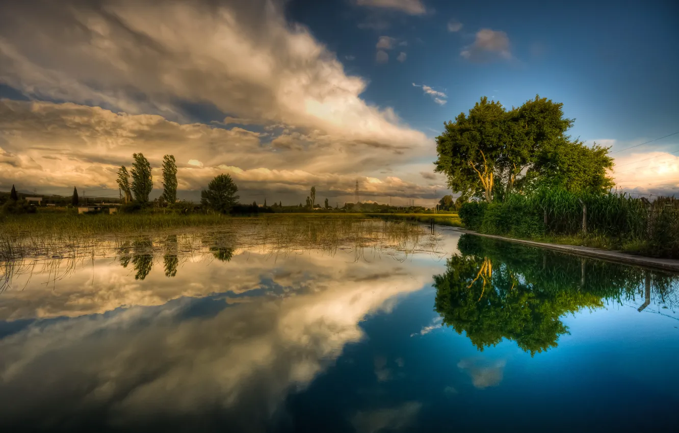 Photo wallpaper summer, the sky, clouds, trees, lake, spring