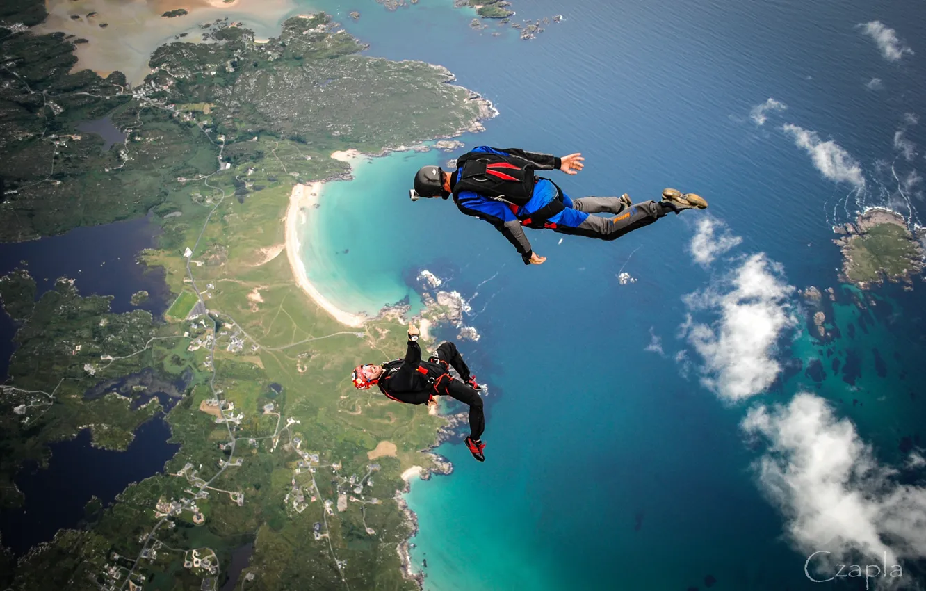 Photo wallpaper beach, the sky, the ocean, jump, coast, sport, horizon, sport