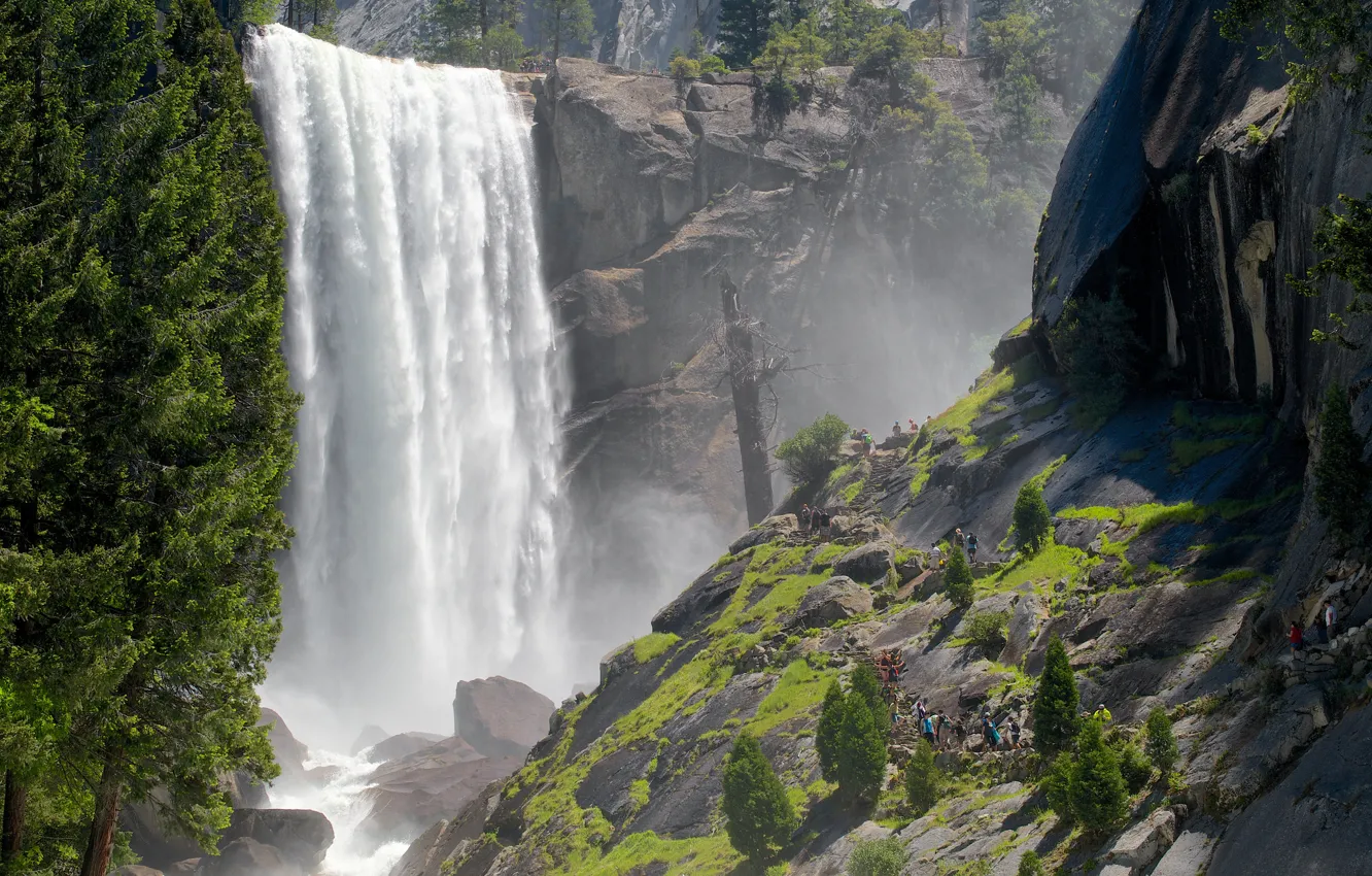 Photo wallpaper trees, mountains, squirt, rocks, waterfall, USA, Yosemite National Park, Sierra Nevada