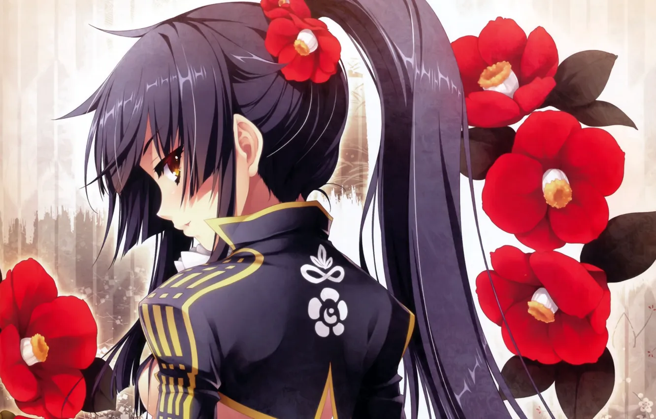 Photo wallpaper back, girl, emblem, long hair, art, in profile, sideways, Hinata Katagiri