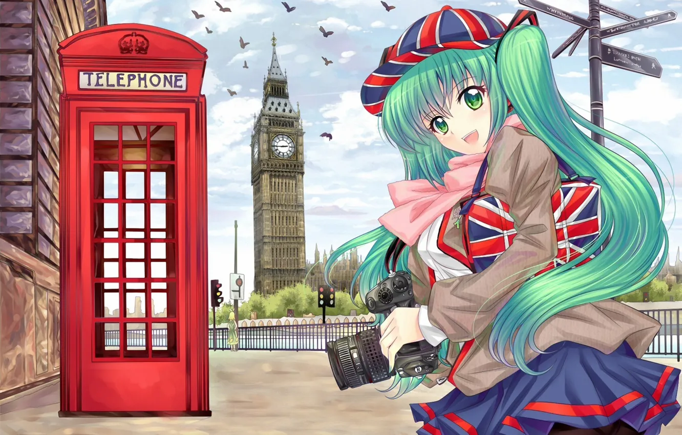 Photo wallpaper England, flag, art, the camera, girl, phone, vocaloid, hatsune miku