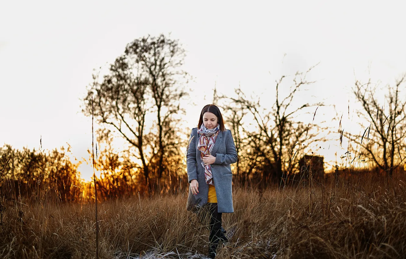 Photo wallpaper frost, grass, girl, sunset