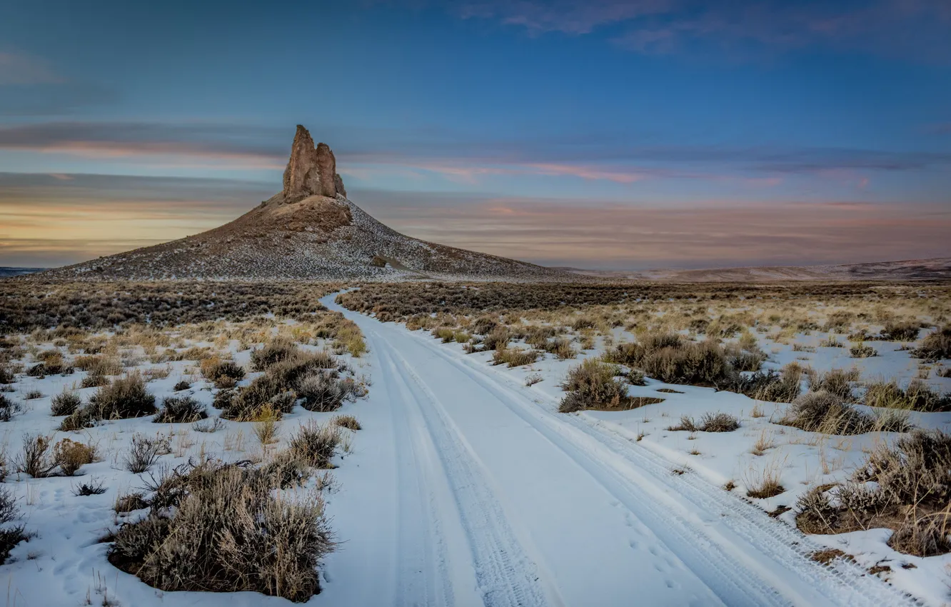 Photo wallpaper road, snow, mountains