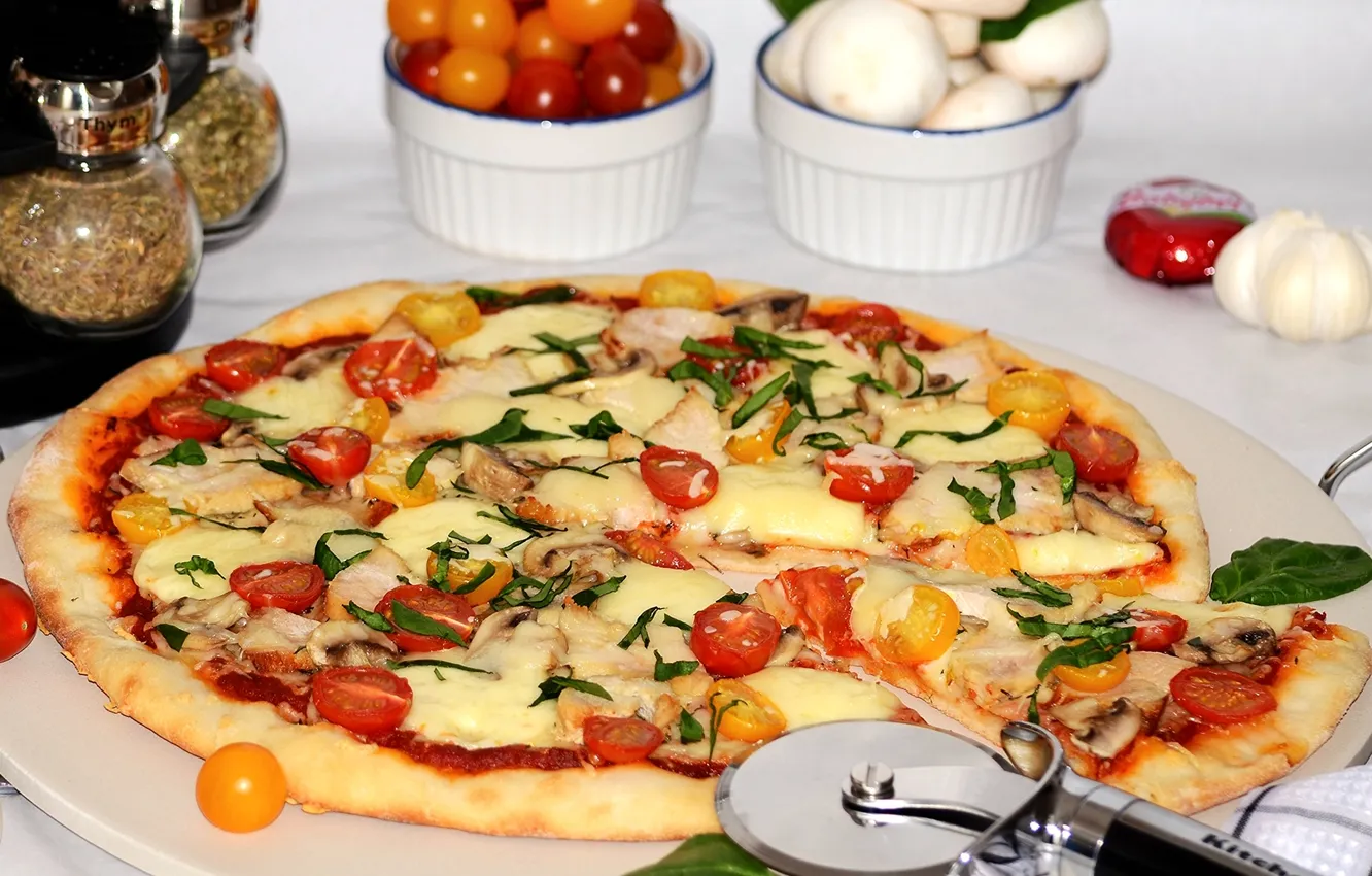 Photo wallpaper cheese, pizza, tomatoes, filling