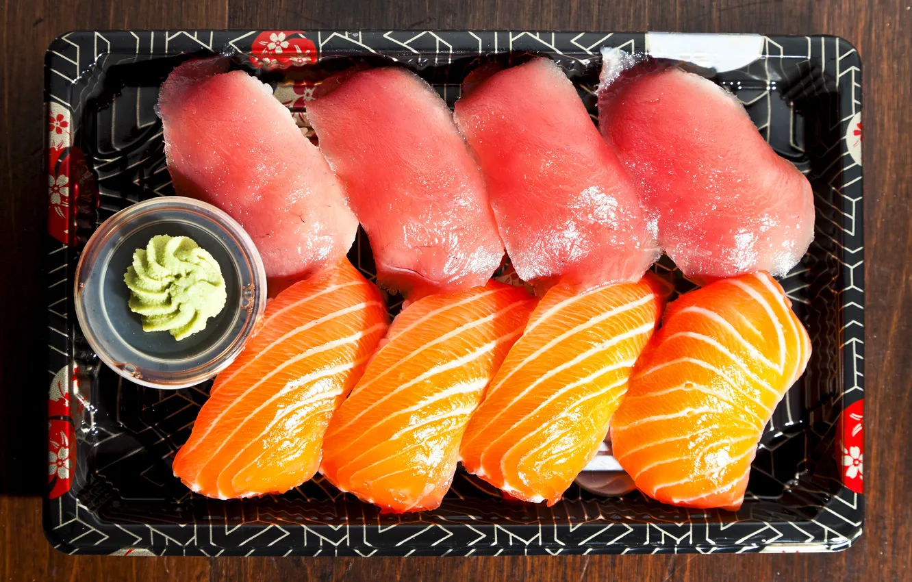 Photo wallpaper fish, sauce, tray, sushi, wasabi