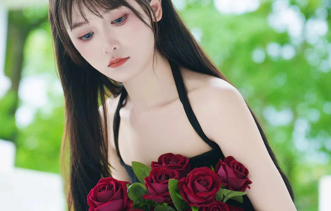 Photo wallpaper Beautiful, Asian, Model, Flower, Roses, Woman, Bouquet, Cute