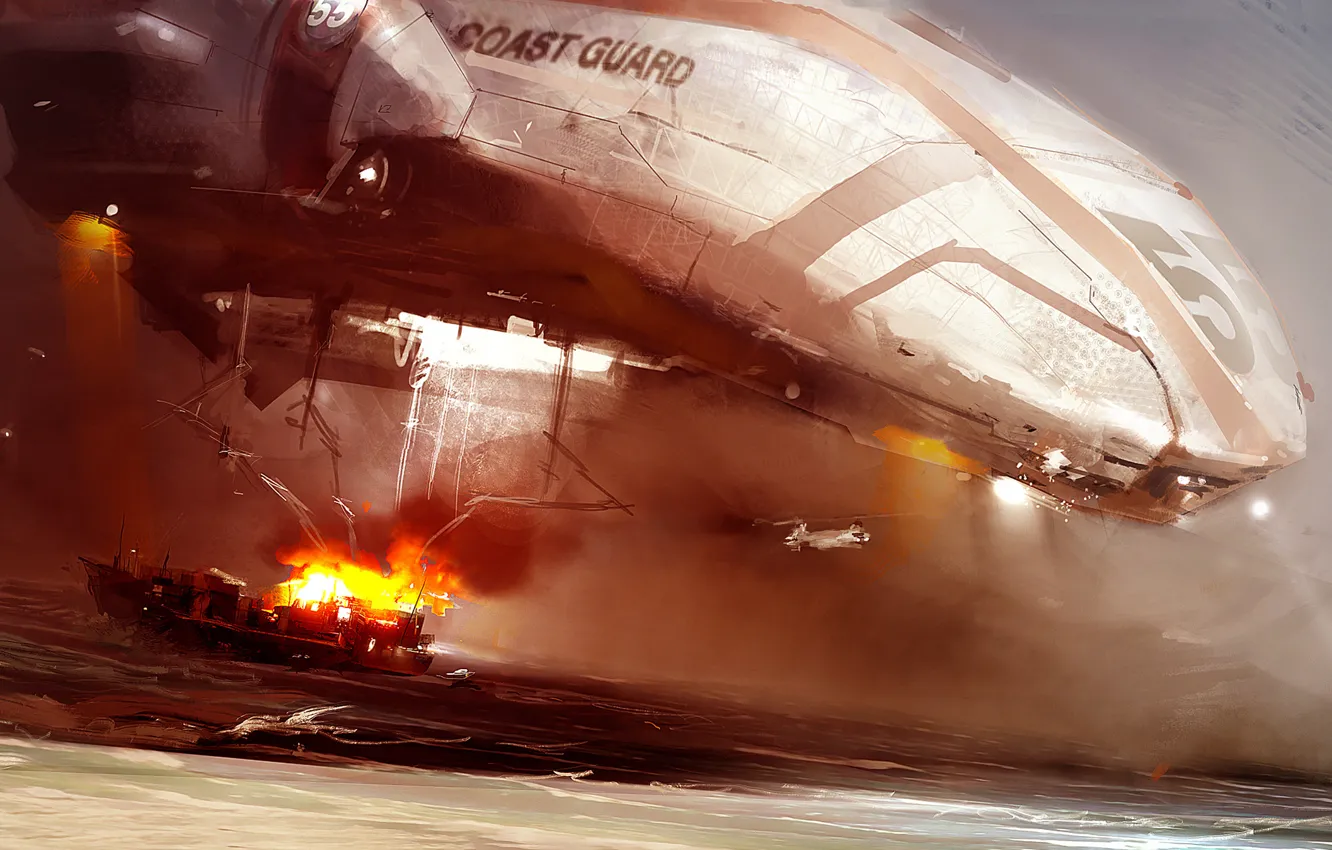 Photo wallpaper sea, fire, ship, security, helicopter, coast