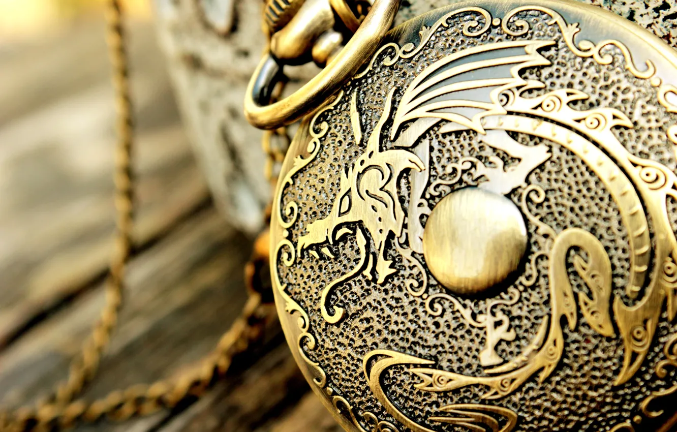 Photo wallpaper dragon, watch, chain, engraving
