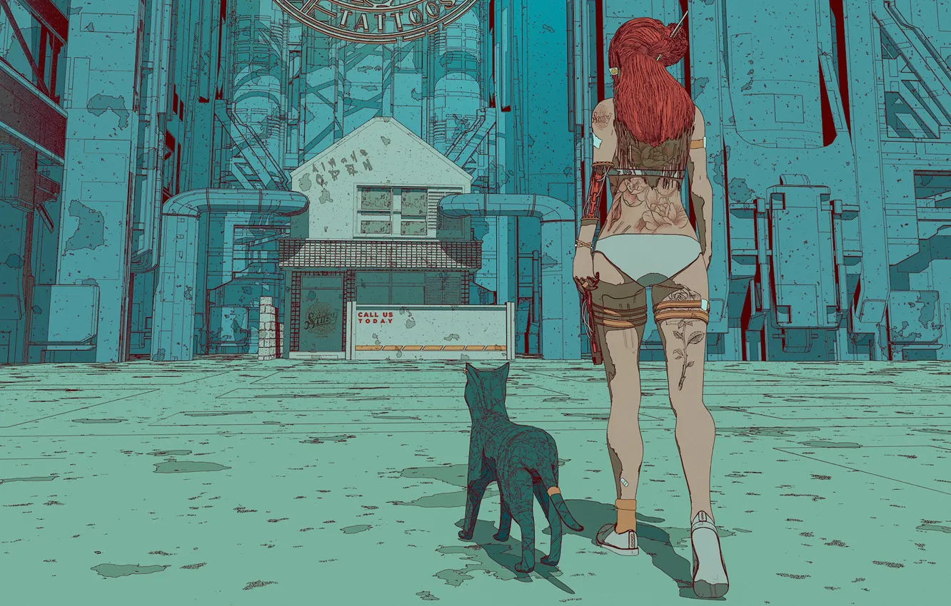 Photo wallpaper cat, cat, girl, style, figure, tattoo, art, tattoo