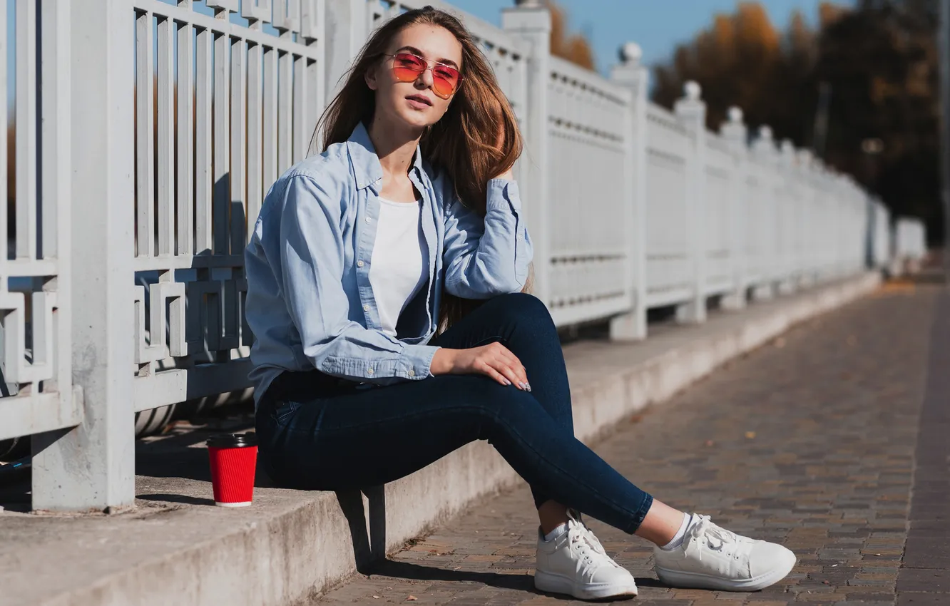 Photo wallpaper girl, sexy, Wallpaper, sweetheart, model, bright, sneakers, jeans