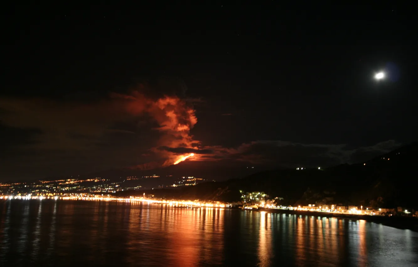 Photo wallpaper Moon, Italy, Lights, Etna, Sicily, Lava, Volcano, Eruption