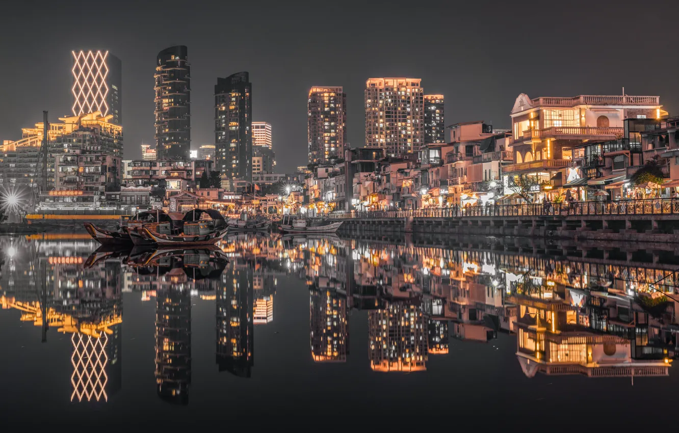 Photo wallpaper night, the city, lights, reflection, shore, boat, building, home
