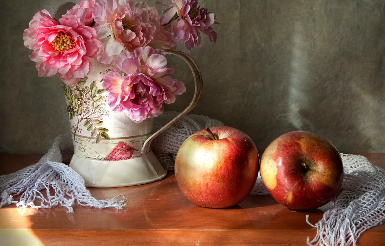 Photo wallpaper flowers, apples, bouquet, still life, two apples