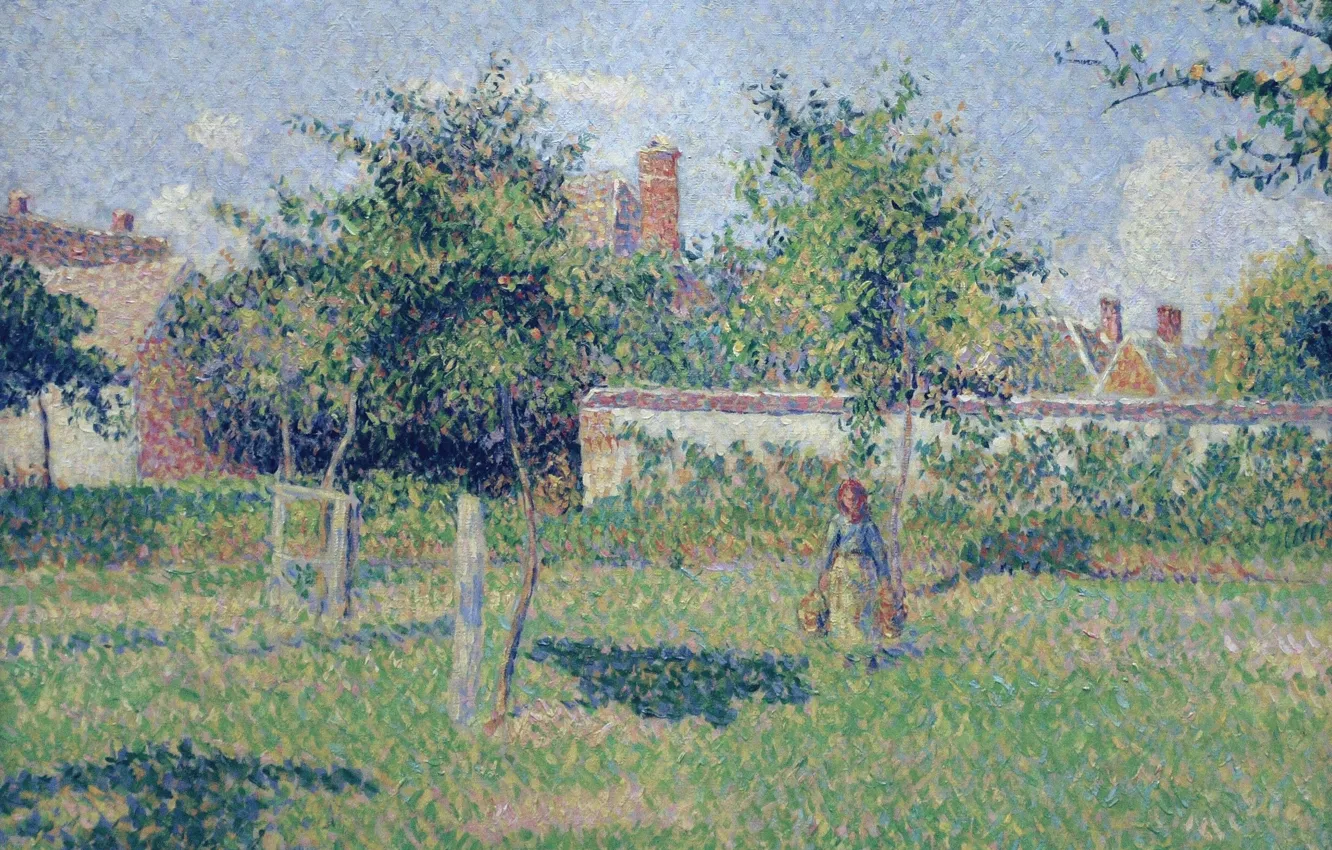 Photo wallpaper landscape, picture, Camille Pissarro, The woman on the Lawn. The Spring Sun. Eragny