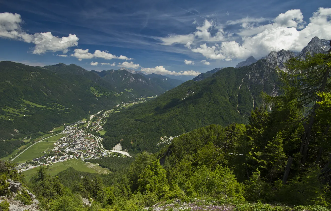 Photo wallpaper mountains, valley, panorama, town, Slovenia, Slovenia, Kranjska Gora, Kranjska Gora
