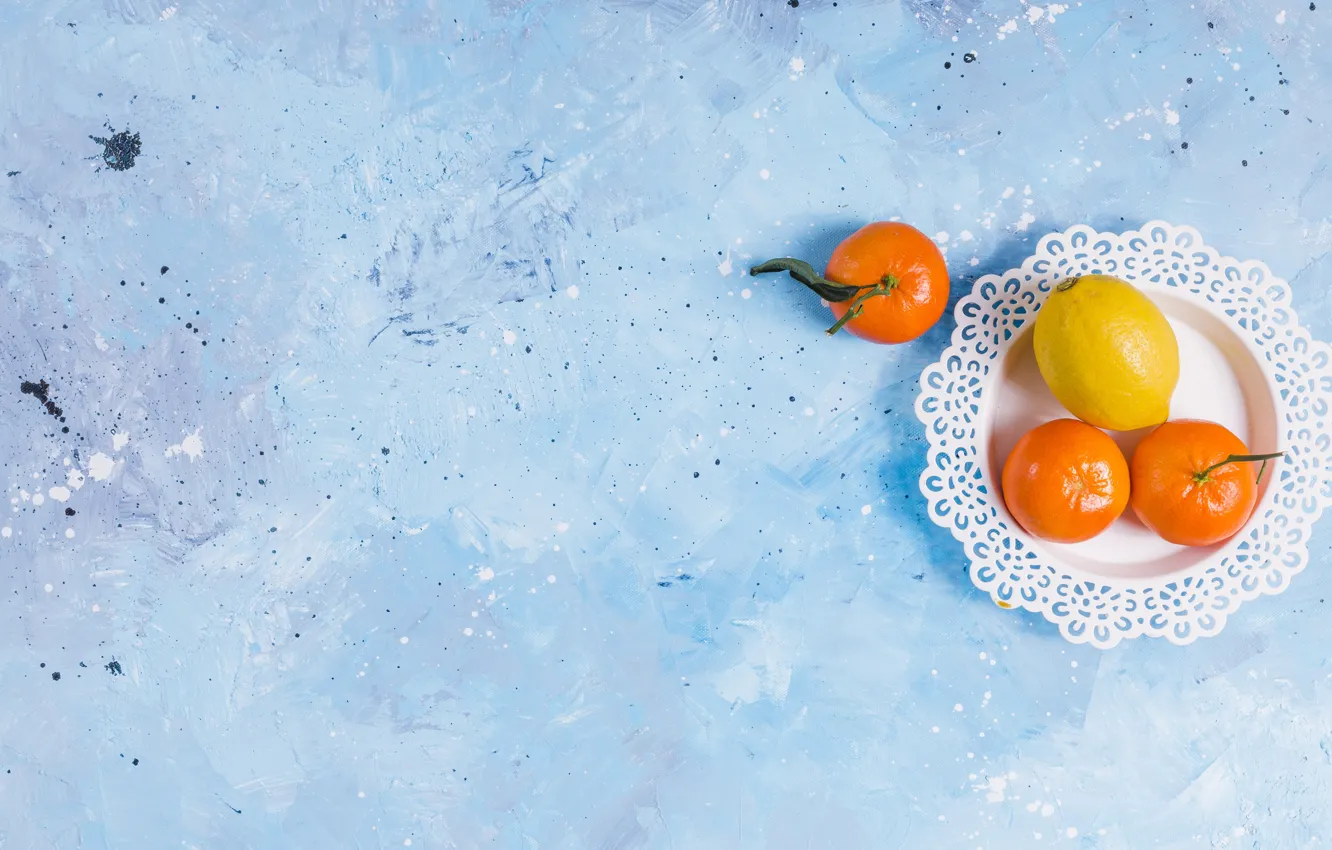 Photo wallpaper lemon, plate, blue background, tangerines