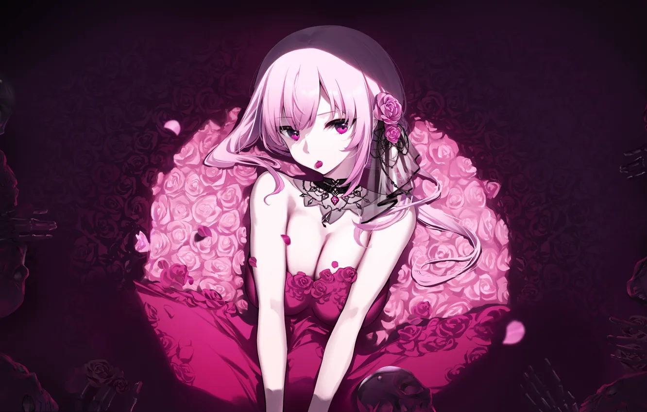 Photo wallpaper girl, Gothic, roses, skeletons, Hololive, Mori Calliope, virtual youtuber