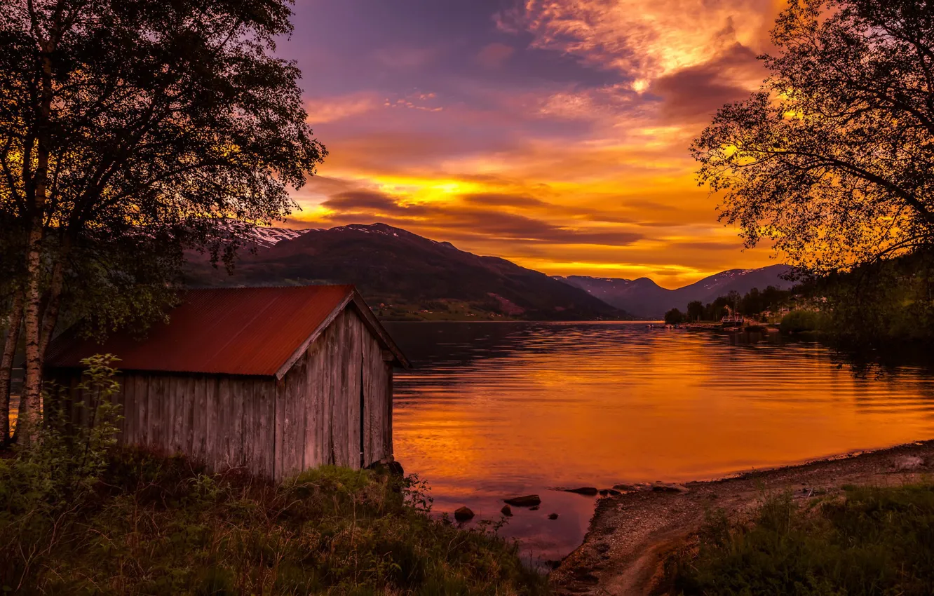 Photo wallpaper sunset, lake, Norway