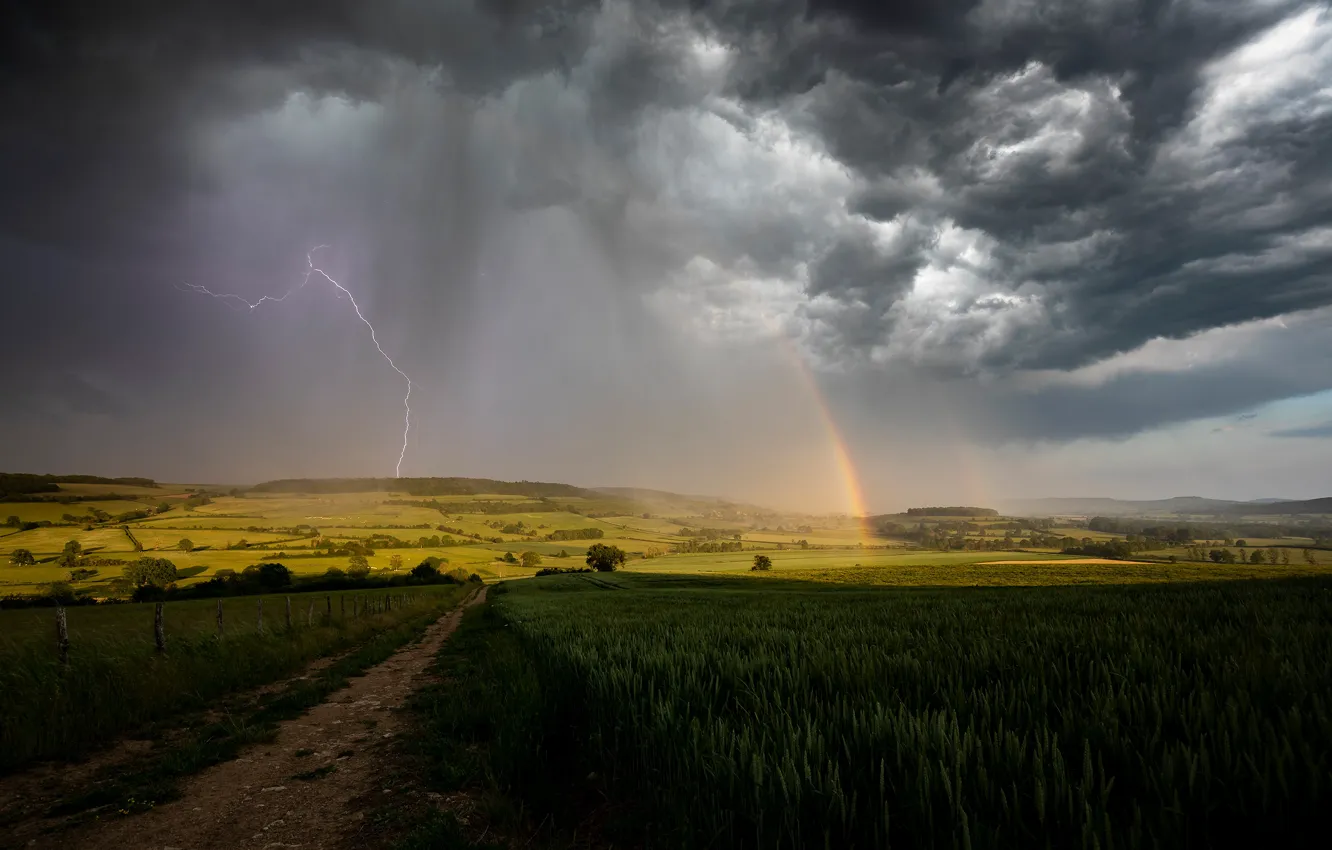Photo wallpaper road, the storm, wheat, field, the sky, light, clouds, rain