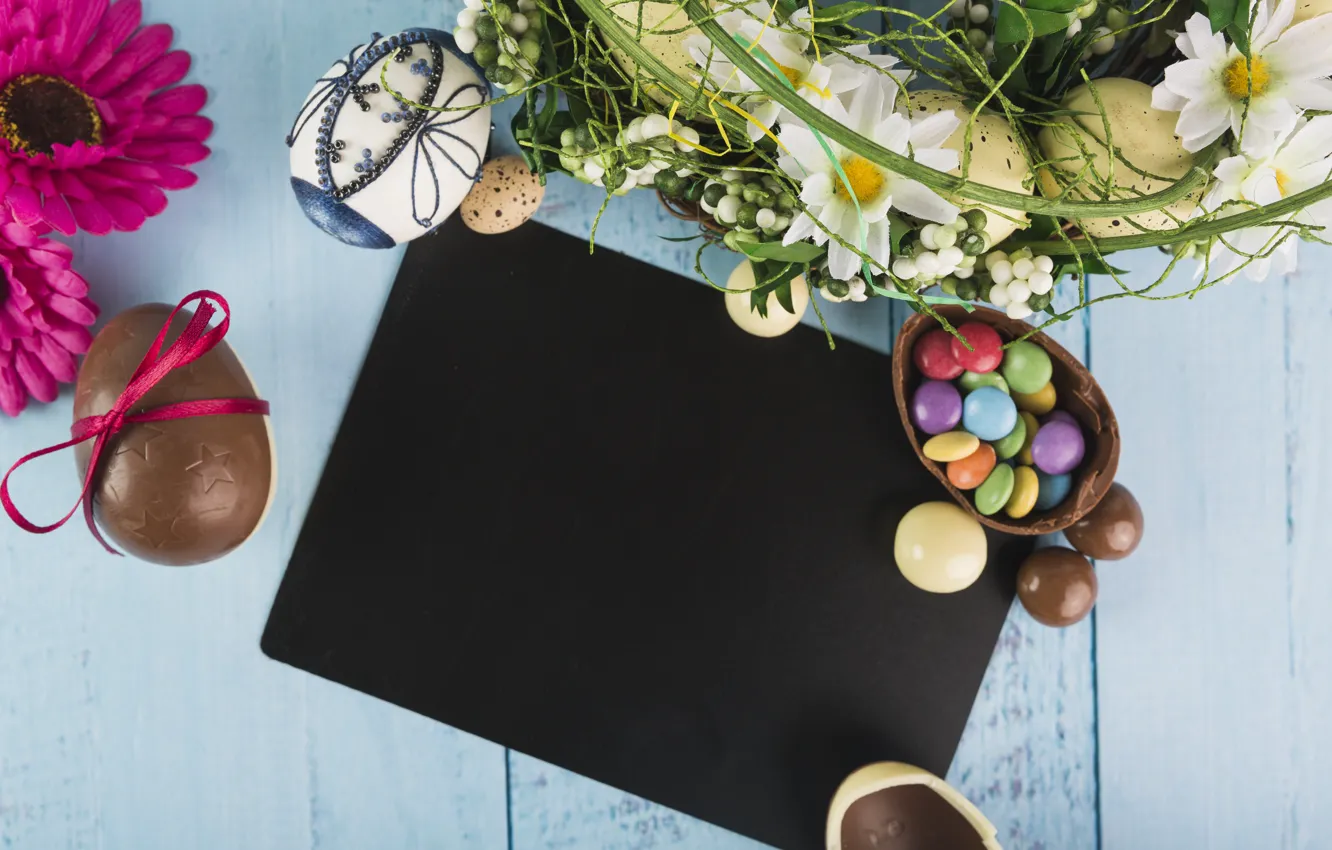 Photo wallpaper flowers, holiday, chocolate, eggs, spring, candy, Easter