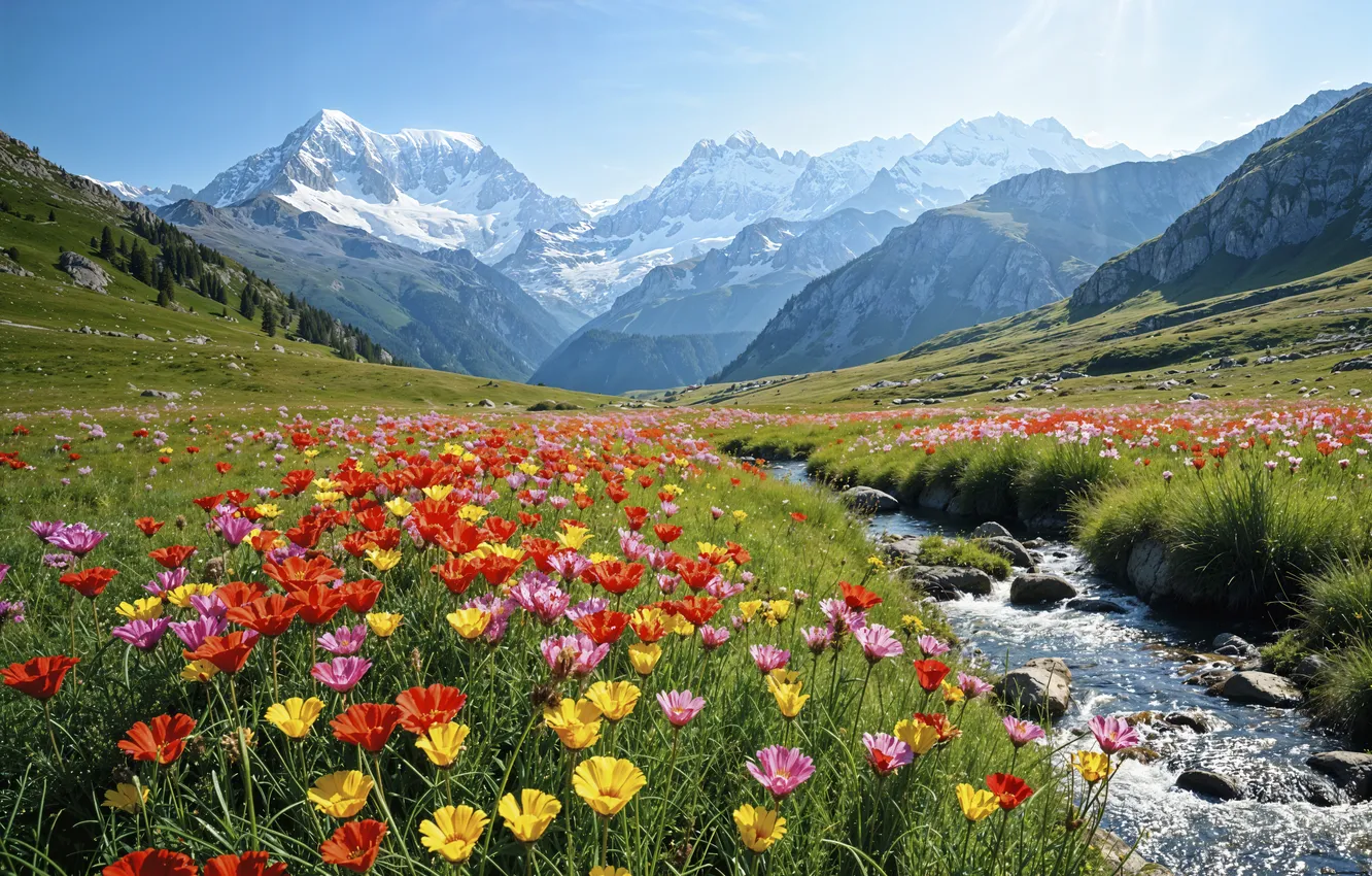 Photo wallpaper flowers, mountains, spring, colorful, meadow, blossom, flowers, mountains
