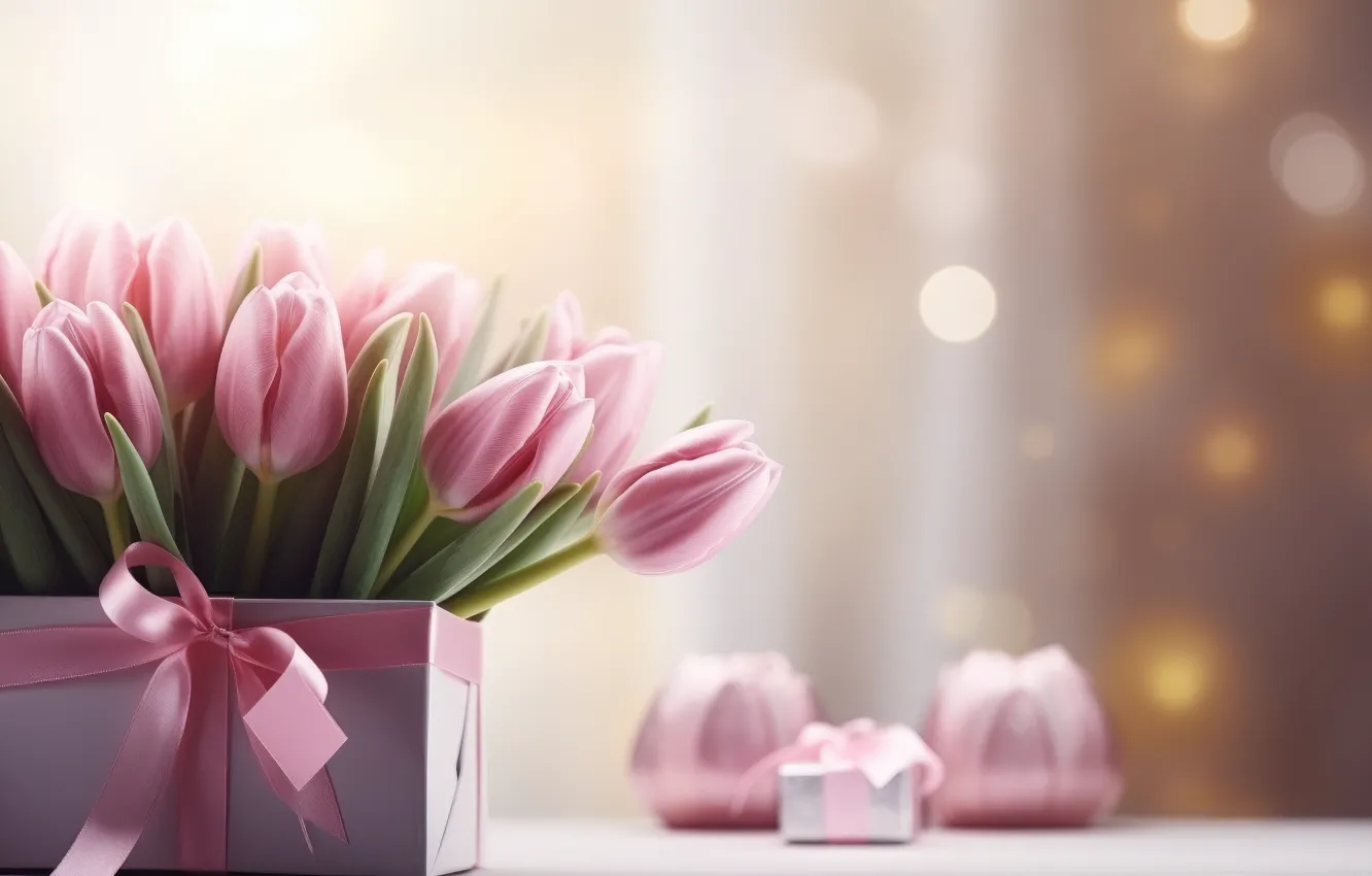 Photo wallpaper flowers, birthday, box, gift, bouquet, spring, Easter, tulips