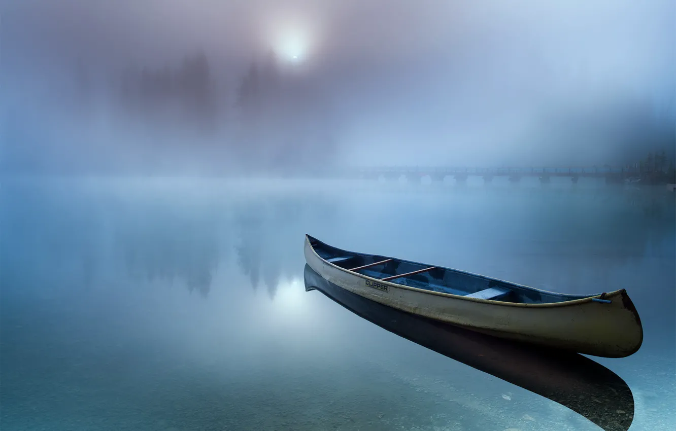 Photo wallpaper fog, lake, boat, morning, haze, emerald