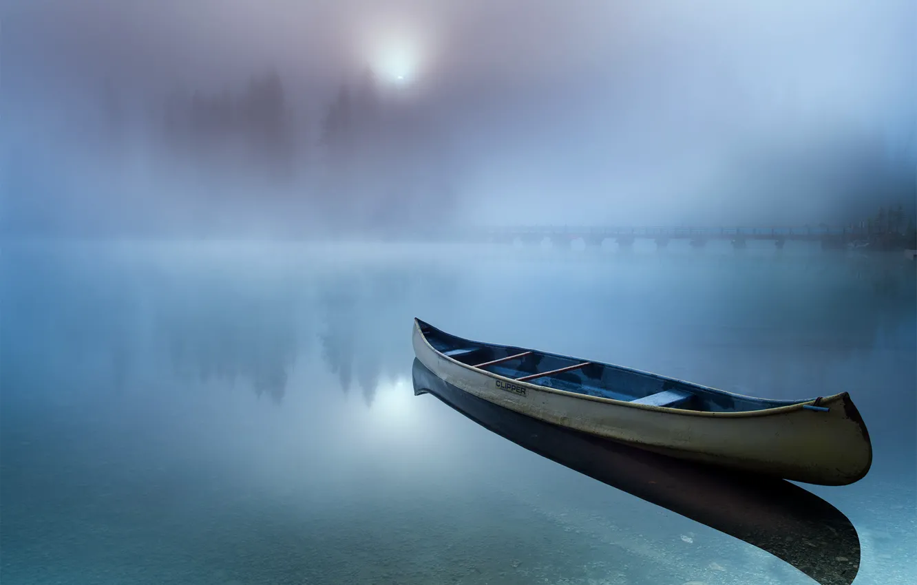 Photo wallpaper fog, lake, boat, morning, haze, Emerald
