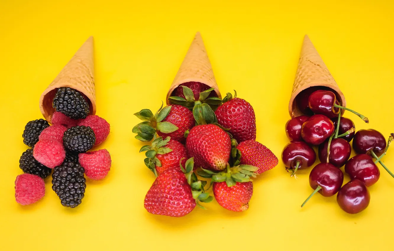 Photo wallpaper cherry, berries, raspberry, strawberry, placer, different, yellow background, a lot