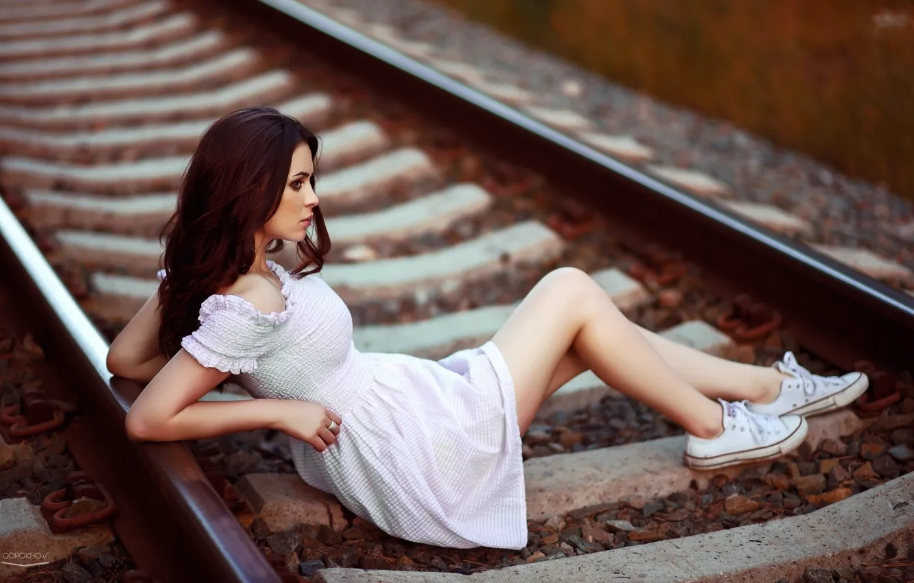 Photo wallpaper pose, rails, figure, dress, brunette, railroad, legs, beauty