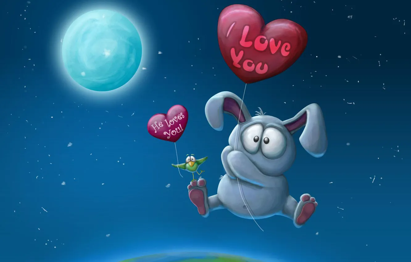 Photo wallpaper stars, balls, love, flight, the moon, bird, Bunny