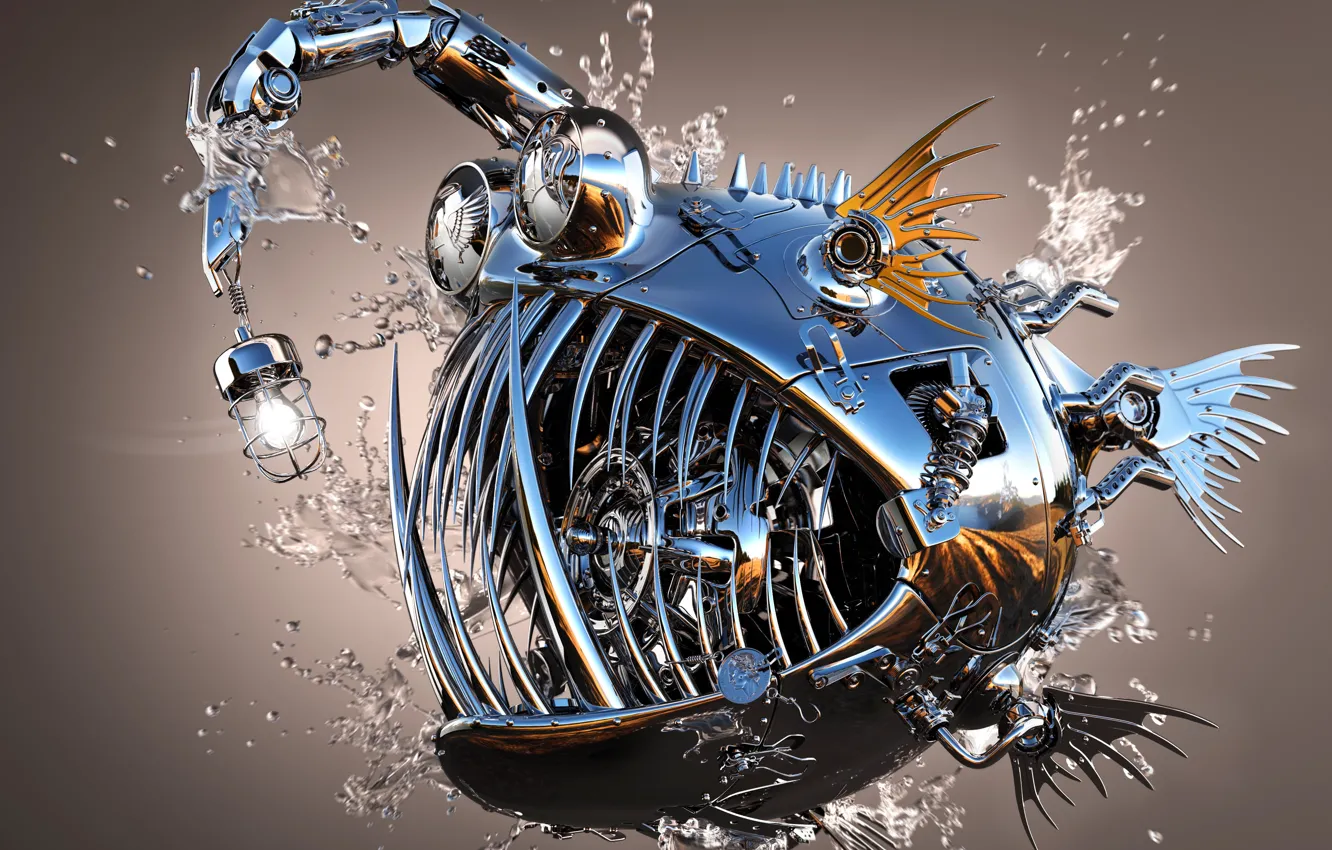 Photo wallpaper water, drops, metal, Shine, fish, 3Ds