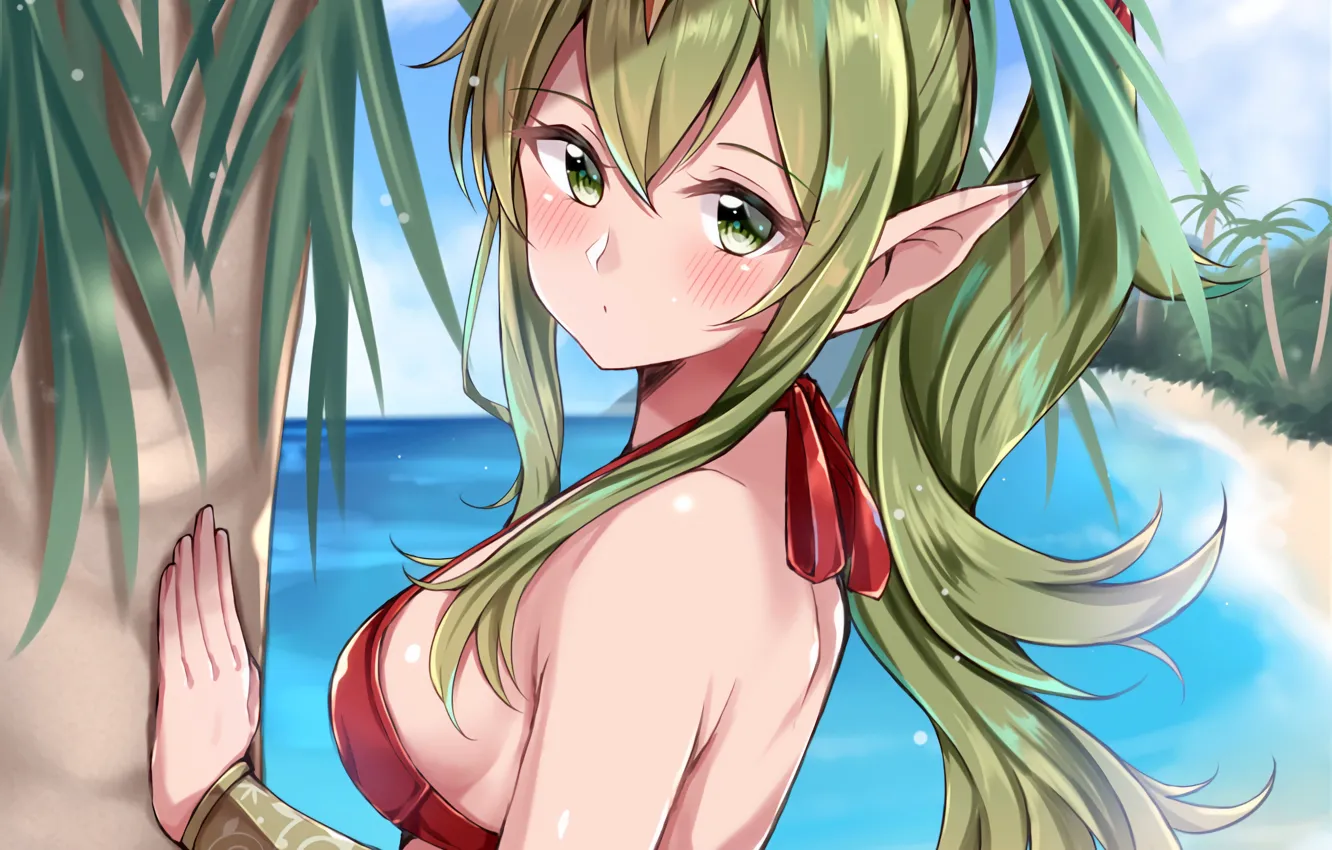 Photo wallpaper girl, sexy, cleavage, beach, green eyes, long hair, sea, boobs