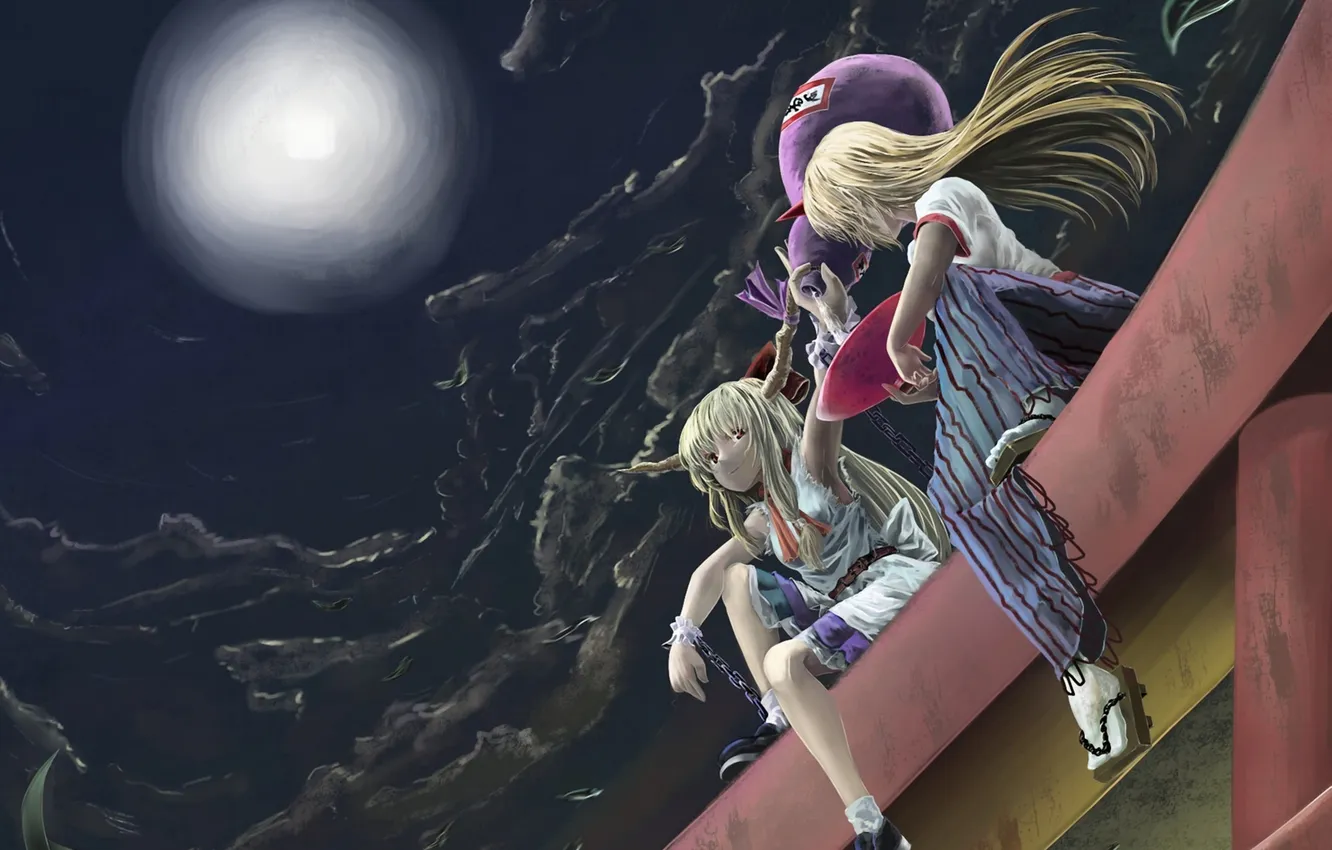 Photo wallpaper night, the moon, art, chain, girl, touhou, marubororaito, wineskin