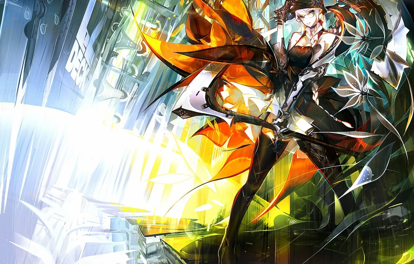 Photo wallpaper girl, weapons, art, Panorama, abstraction? hat