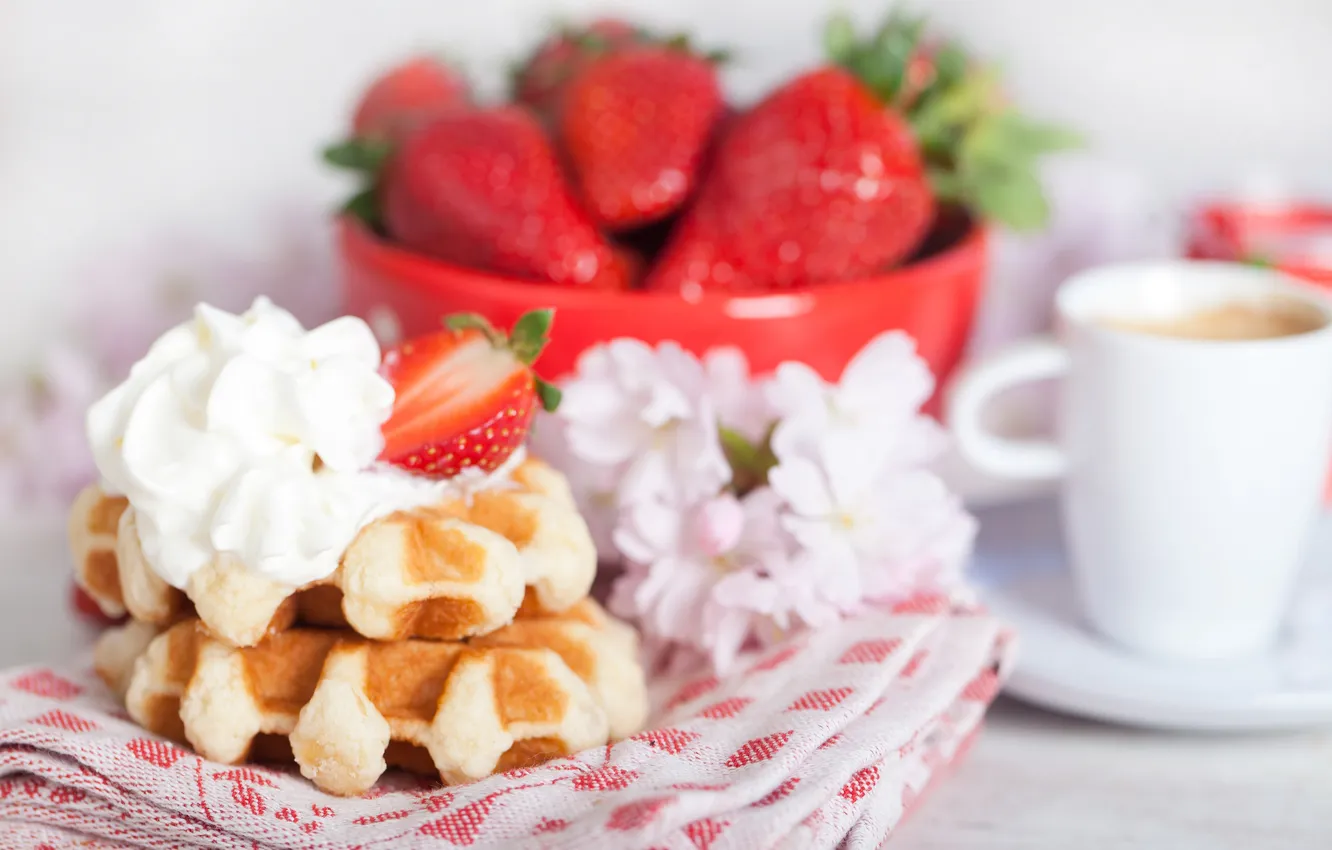 Photo wallpaper flowers, coffee, Breakfast, strawberry, cream, flowers, waffles, strawberry