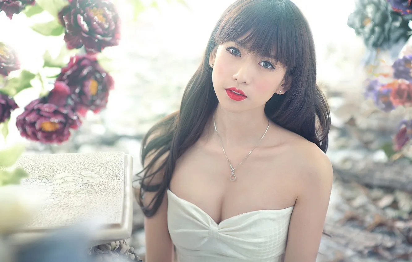 Photo wallpaper girl, flowers, brunette