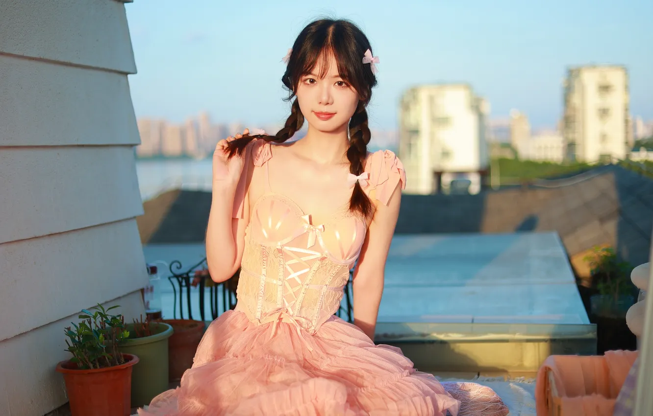 Photo wallpaper city, woman, beautiful, model, pretty, asian, sunlight, building