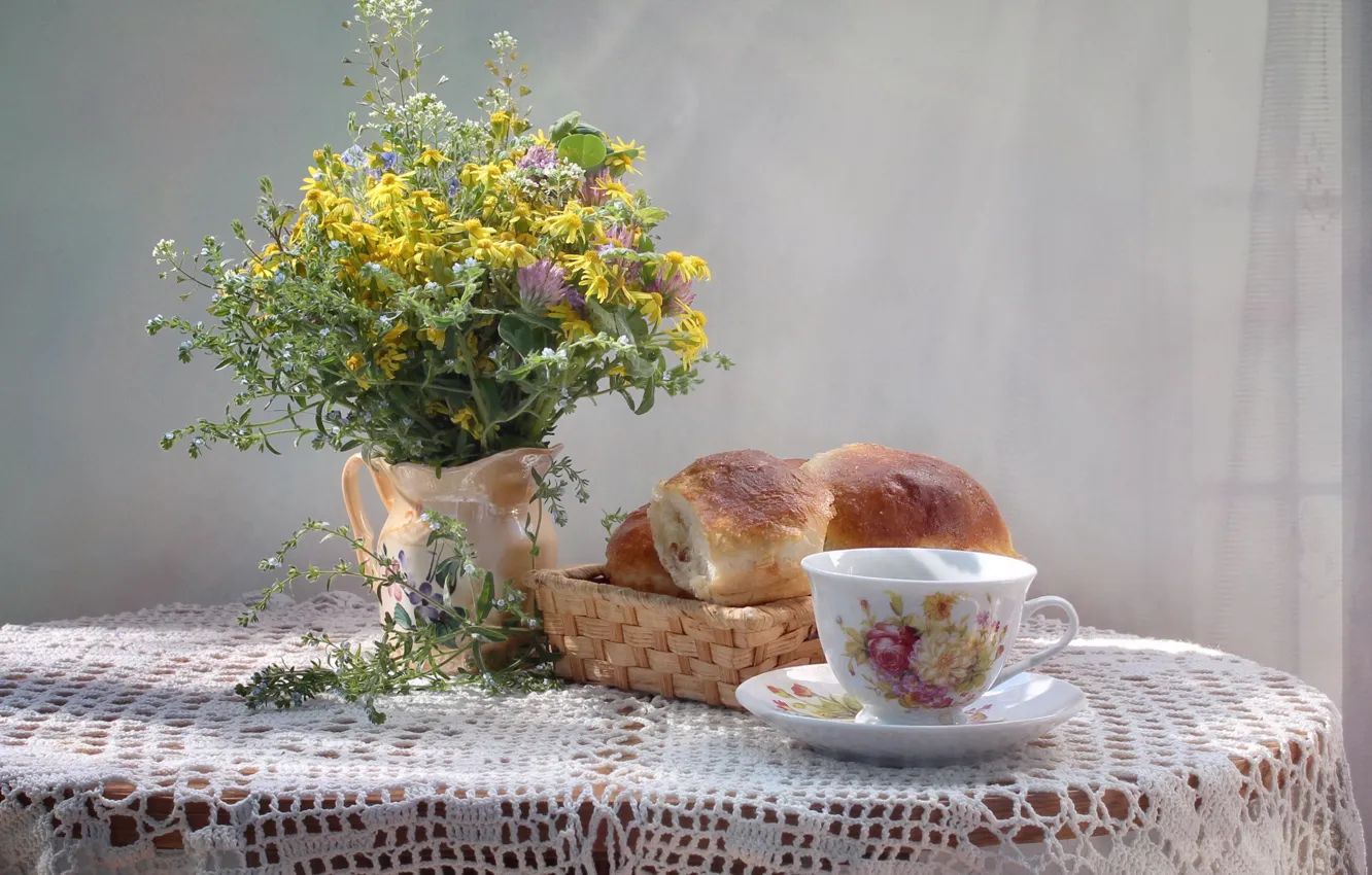 Photo wallpaper bouquet, Cup, buns