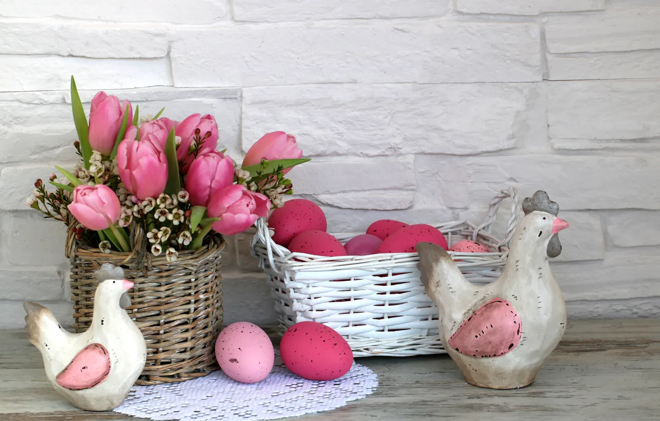 Photo wallpaper flowers, Easter, flowers, tulips, spring, Easter, eggs, decoration