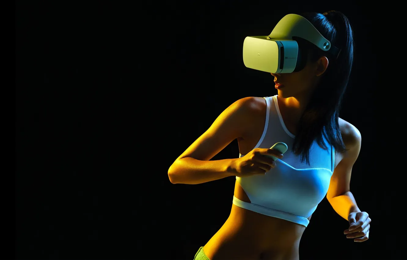 Photo wallpaper white, girl, Mike, figure, brunette, glasses, hairstyle, black background