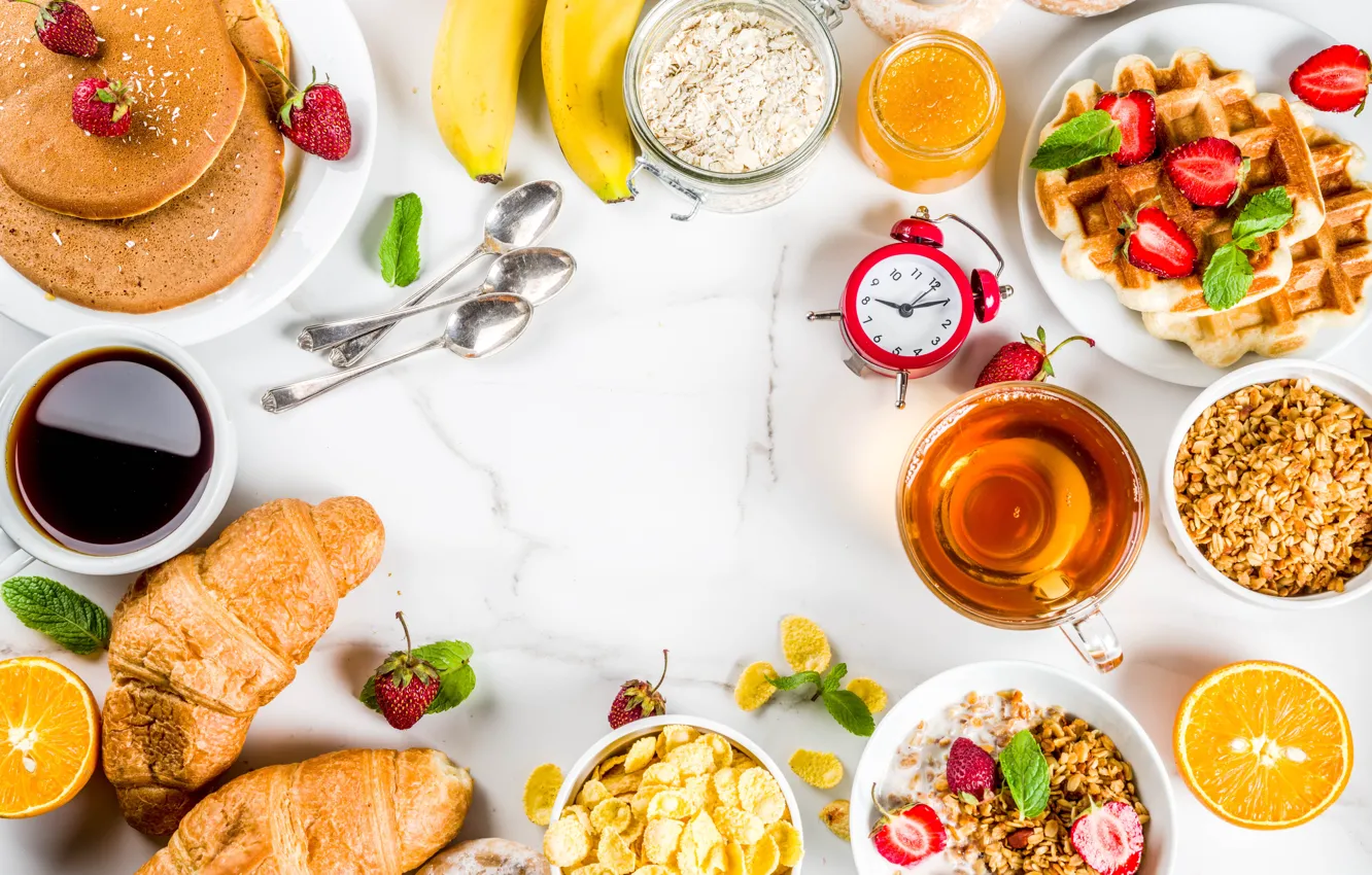 Photo wallpaper berries, tea, orange, food, Breakfast, strawberry, pancakes, waffles