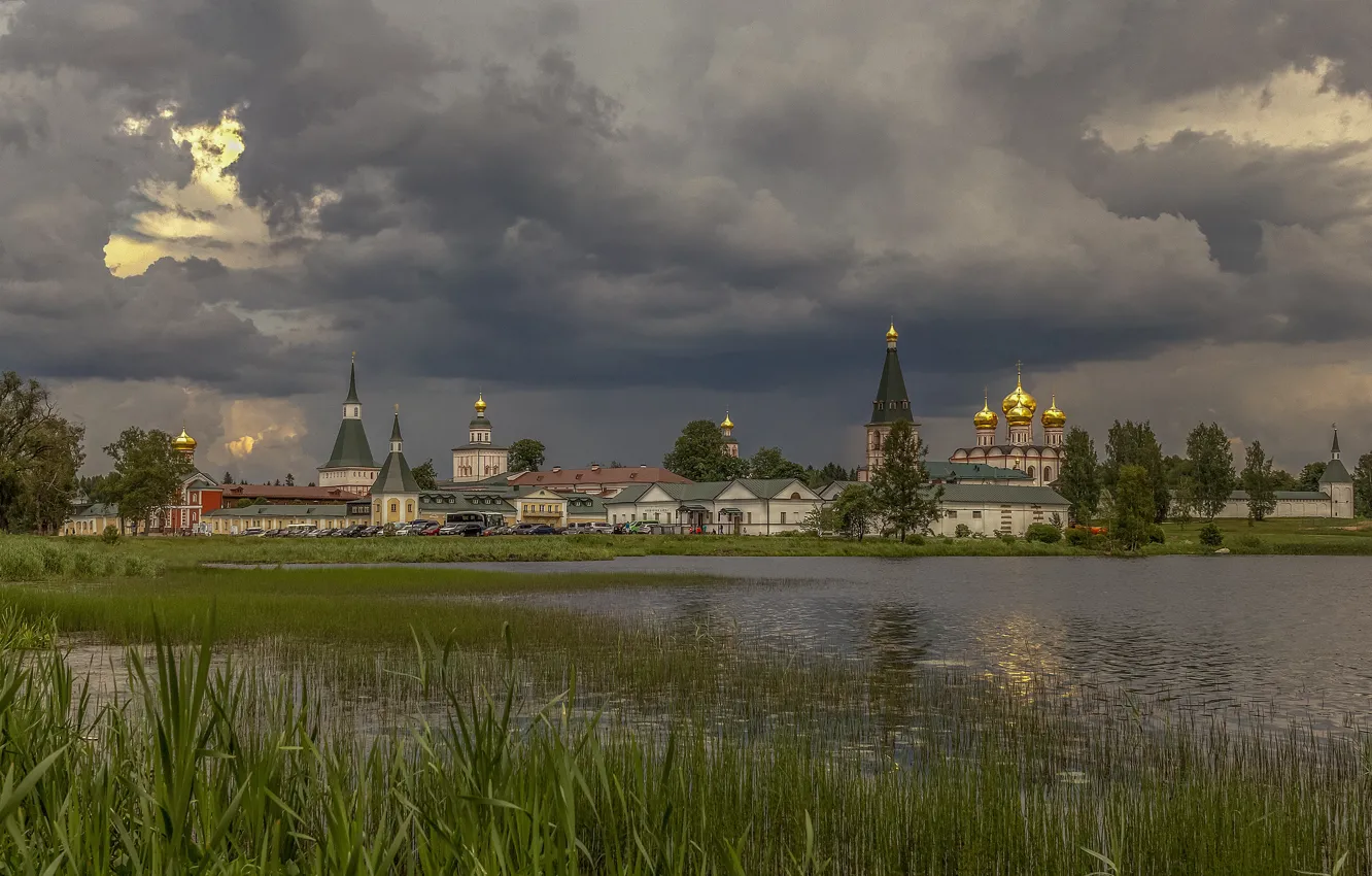 Photo wallpaper grass, landscape, clouds, nature, lake, Valdai, Elena Guseva, Iversky Monastery