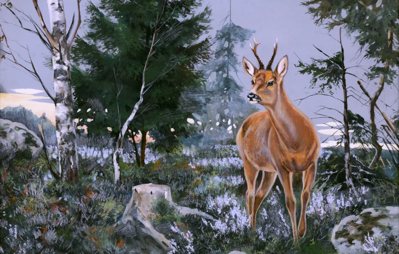 Photo wallpaper Grass, Trees, Picture, Deer, Stump, Austrian artist, Erich Dichtl, Erich Dichtl