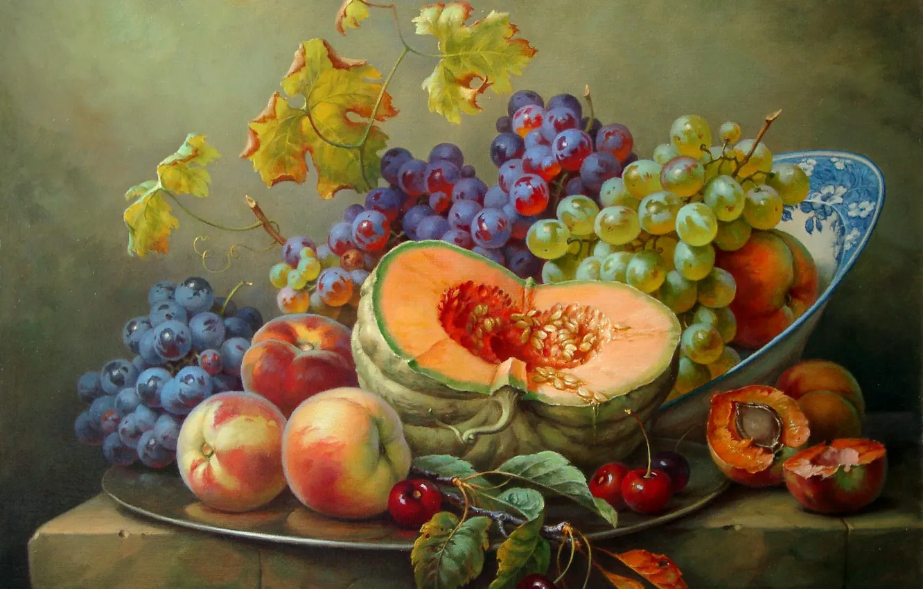 Photo wallpaper cherry, grapes, pumpkin, still life, painting, peaches, Gabor Toth