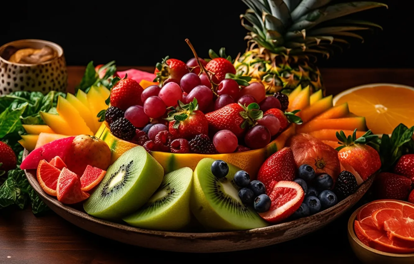 Photo wallpaper berries, raspberry, table, food, kiwi, blueberries, strawberry, grapes