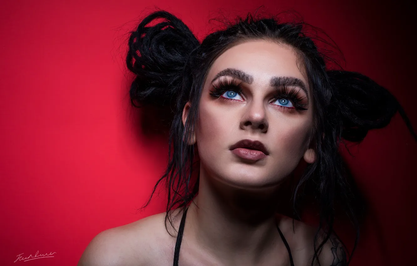 Photo wallpaper look, girl, face, hair, makeup, brunette, sponge, blue eyes